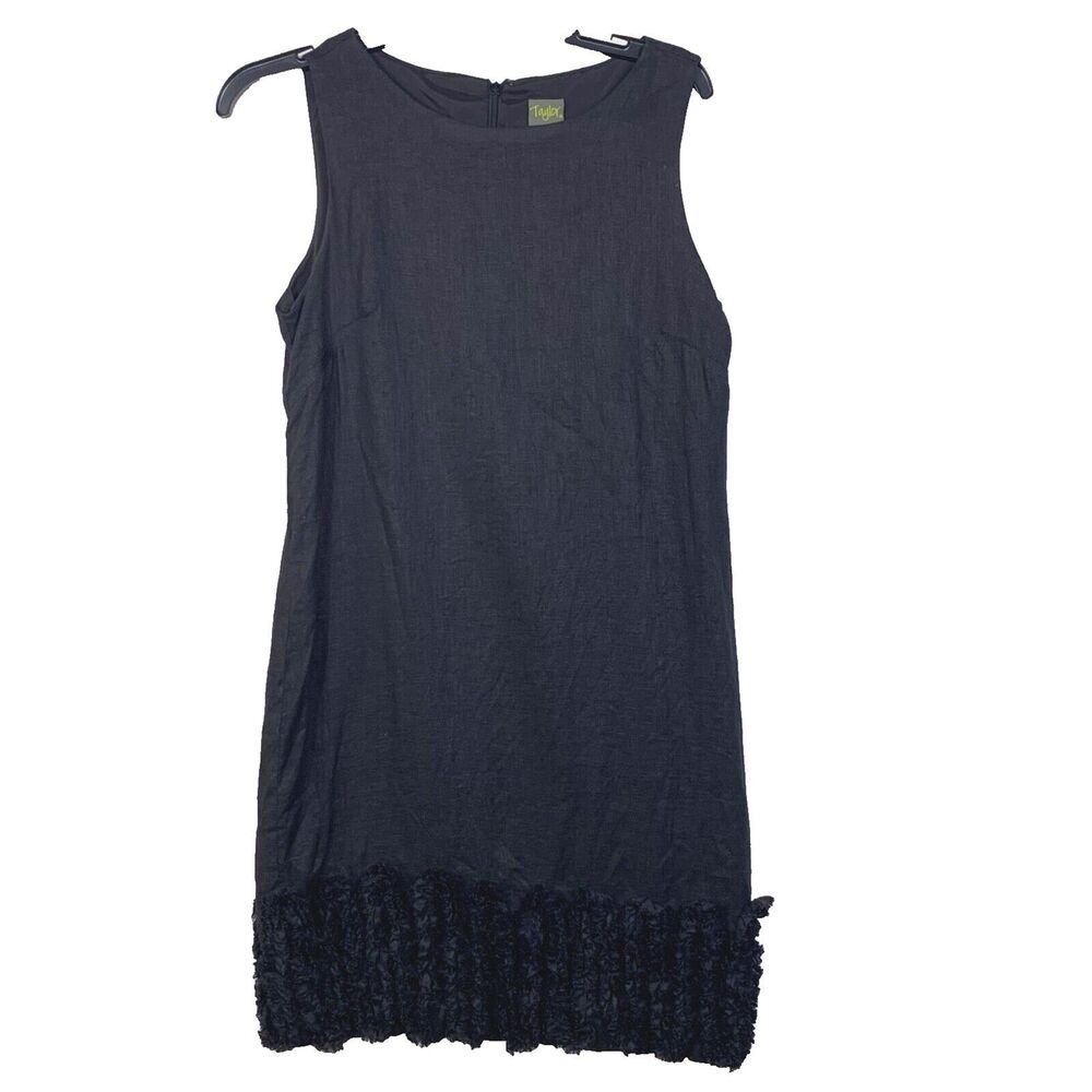 Taylor Dress Womens Size 8 Black Linen Sleeveless Floral Rushing Bottom Hem